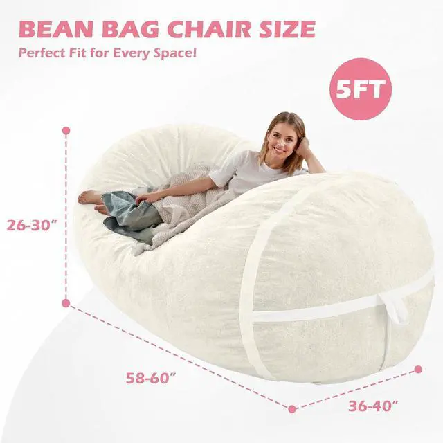 Alt view image 2 of 6 - 5FT Bean Bag Chair,Giant BeanBag Chairs with Memory Foam Filled, Ultra-Soft Velvet with Portable Handle & Removable Cover, Comfy Bean Bag Sofa for Living Room, No Assembly - Whtie