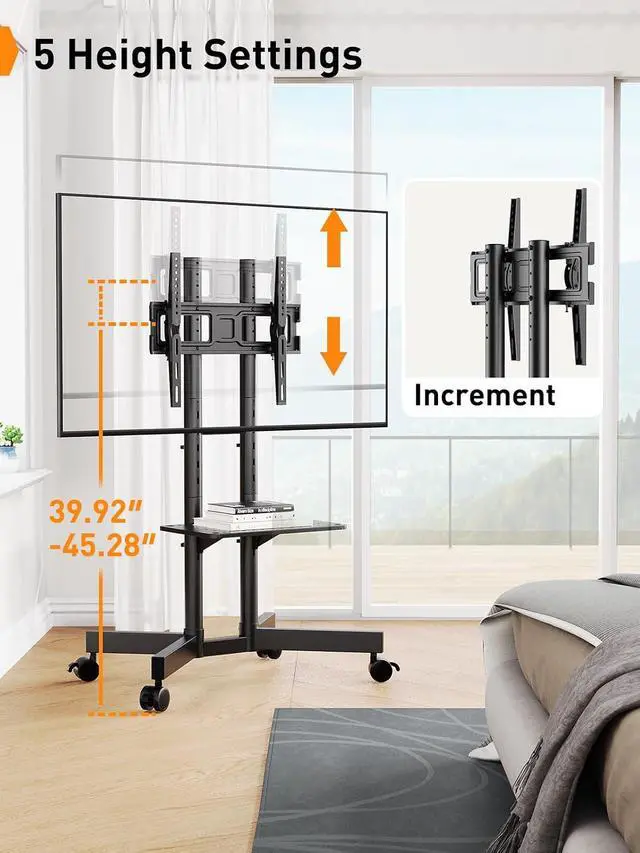 Alt view image 4 of 7 - Rolling TV Stand, Mobile TV Stand with Wheels for 32-75 inch TVs, Height Adjustable Mobile TV Cart with -15° to +5° Tilt, Rolling Cart for 4K TV Max VESA 400x400mm up to 88lbs, PGTVMC14