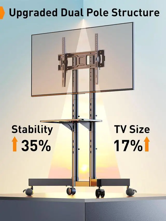 Alt view image 5 of 7 - Rolling TV Stand, Mobile TV Stand with Wheels for 32-75 inch TVs, Height Adjustable Mobile TV Cart with -15° to +5° Tilt, Rolling Cart for 4K TV Max VESA 400x400mm up to 88lbs, PGTVMC14