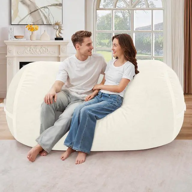 Alt view image 3 of 6 - 5FT Bean Bag Chair,Giant BeanBag Chairs with Memory Foam Filled, Ultra-Soft Velvet with Portable Handle & Removable Cover, Comfy Bean Bag Sofa for Living Room, No Assembly - Whtie
