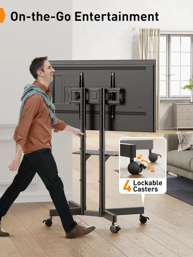 Alt view image 6 of 7 - Rolling TV Stand, Mobile TV Stand with Wheels for 32-75 inch TVs, Height Adjustable Mobile TV Cart with -15° to +5° Tilt, Rolling Cart for 4K TV Max VESA 400x400mm up to 88lbs, PGTVMC14