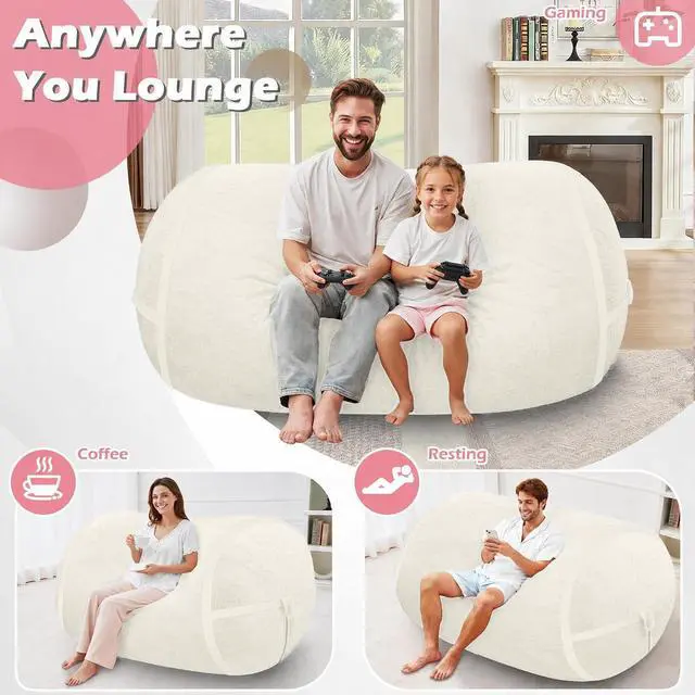 Alt view image 4 of 6 - 5FT Bean Bag Chair,Giant BeanBag Chairs with Memory Foam Filled, Ultra-Soft Velvet with Portable Handle & Removable Cover, Comfy Bean Bag Sofa for Living Room, No Assembly - Whtie