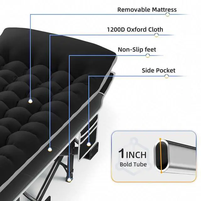 Alt view image 4 of 7 - Camping Cot with Mattress, 32" Extra Wide Camping Cots for Adults, Sleeping Cot for Adults Holds Up to 602LBS, Cots for Sleeping, Camp, Rv, Beach, Patio, Office Naps, 2PCS (Black)