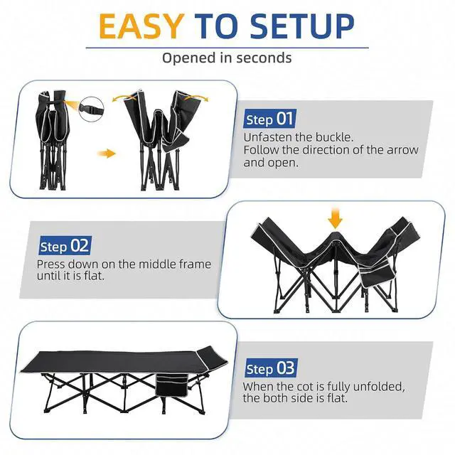 Alt view image 7 of 7 - Camping Cot with Mattress, 32" Extra Wide Camping Cots for Adults, Sleeping Cot for Adults Holds Up to 602LBS, Cots for Sleeping, Camp, Rv, Beach, Patio, Office Naps, 2PCS (Black)