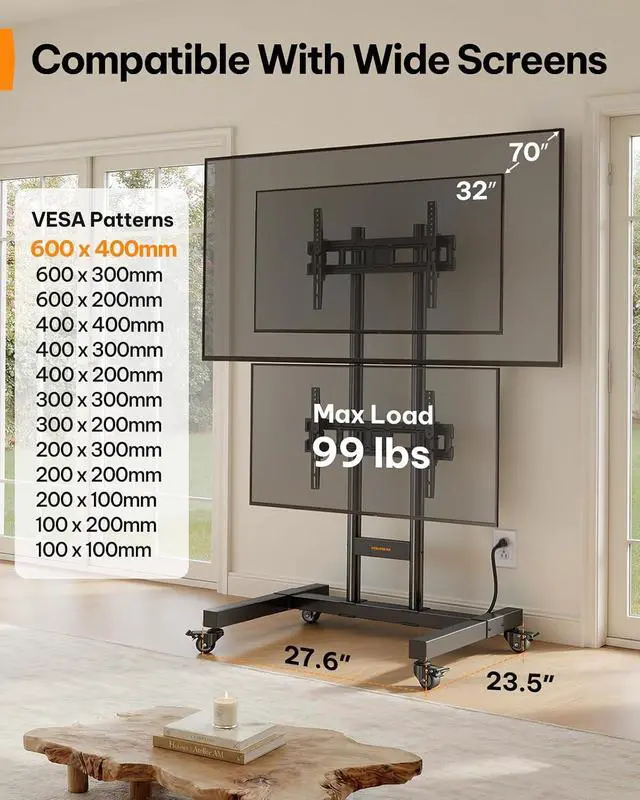 Alt view image 2 of 7 - Rolling TV Stand for 3270 Inch Dual Screens, Holds up to 99 lbs Each, Mobile TV Stand with Power Outlet and Lockable Wheels, Tilt & Height Adjustable TV Cart, Max VESA 600x400mm, PGTVC31B