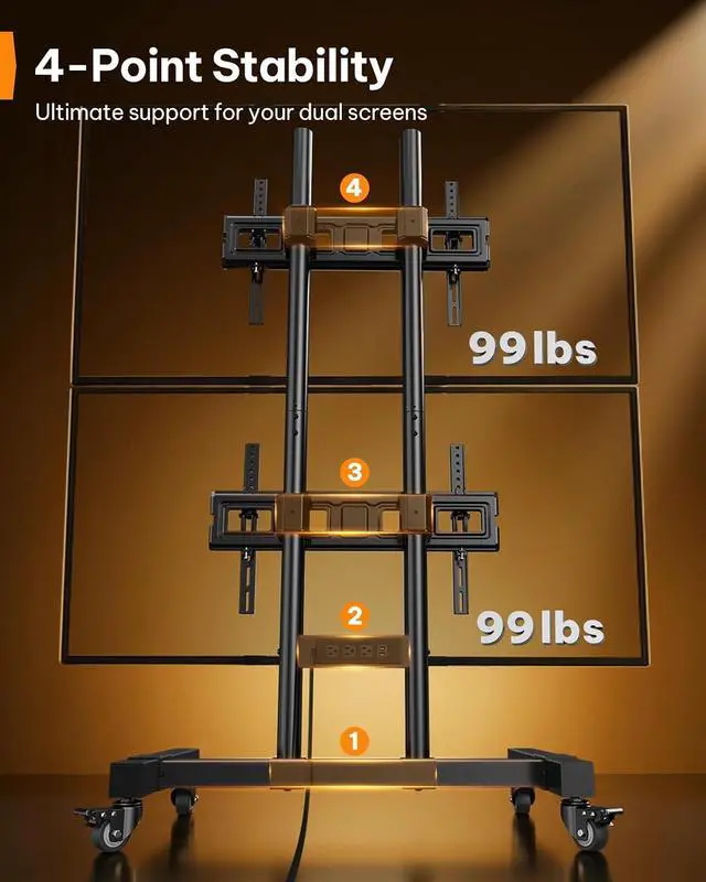 Alt view image 3 of 7 - Rolling TV Stand for 3270 Inch Dual Screens, Holds up to 99 lbs Each, Mobile TV Stand with Power Outlet and Lockable Wheels, Tilt & Height Adjustable TV Cart, Max VESA 600x400mm, PGTVC31B