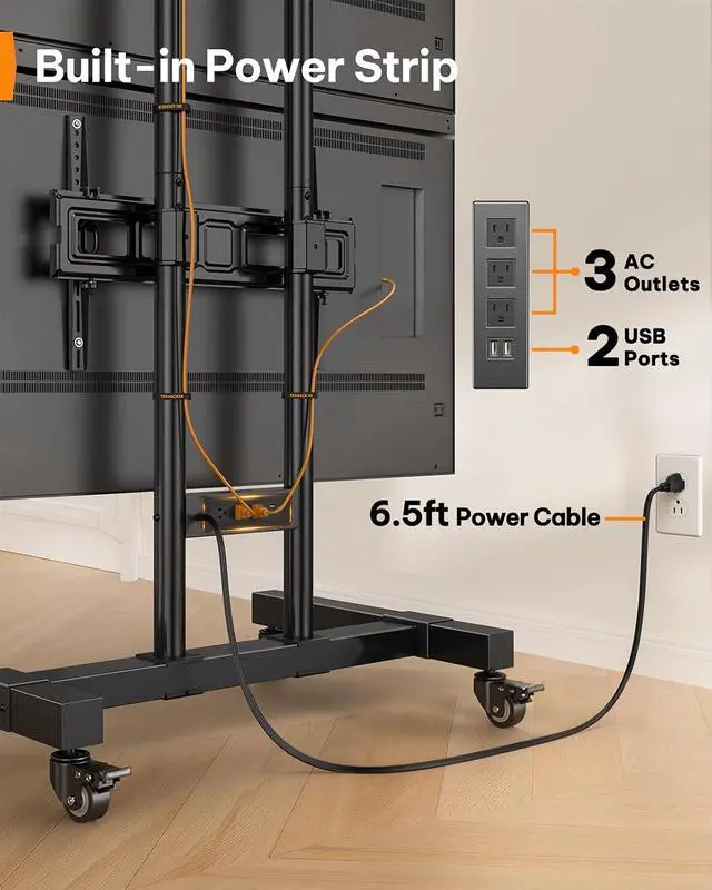Alt view image 4 of 7 - Rolling TV Stand for 3270 Inch Dual Screens, Holds up to 99 lbs Each, Mobile TV Stand with Power Outlet and Lockable Wheels, Tilt & Height Adjustable TV Cart, Max VESA 600x400mm, PGTVC31B