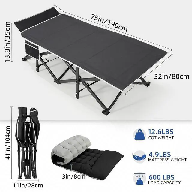 Alt view image 5 of 7 - Camping Cot with Mattress, 32" Extra Wide Camping Cots for Adults, Sleeping Cot for Adults Holds Up to 602LBS, Cots for Sleeping, Camp, Rv, Beach, Patio, Office Naps, 2PCS (Black)