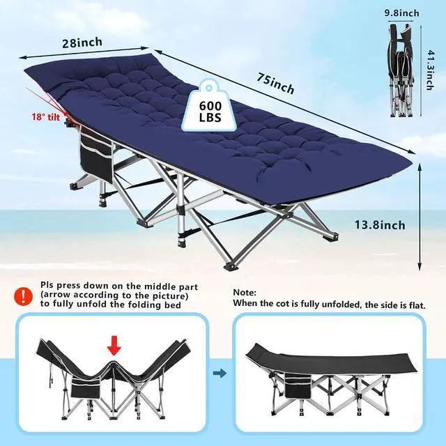 Alt view image 3 of 7 - Camping Cot, Portable Camping Cot for Adult, 28" Wide Sleeping Cot Max Load 600LBS with Thick Mattress and Carry Bag, Portable Camping Bed for Outdoor Camping/Office, Home Nap