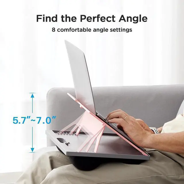 Alt view image 2 of 7 - Adjustable Lap Desk - with 8 Adjustable Angles & Dual Cushions Laptop Stand for Car Laptop Desk, Work Table, Lap Writing Board & Drawing Desk on Sofa or Bed, Pink