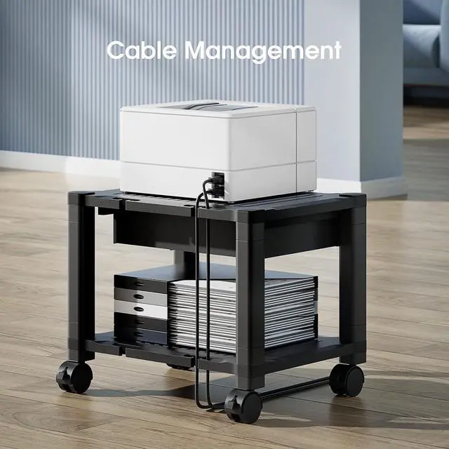 Alt view image 7 of 7 - Printer Stand with Cable Management and Storage Drawer, Printer Table with Locking Wheels, 14.1-inch Maximum Height Printer Cart for Under Desk, Home, Office, HNDPS
