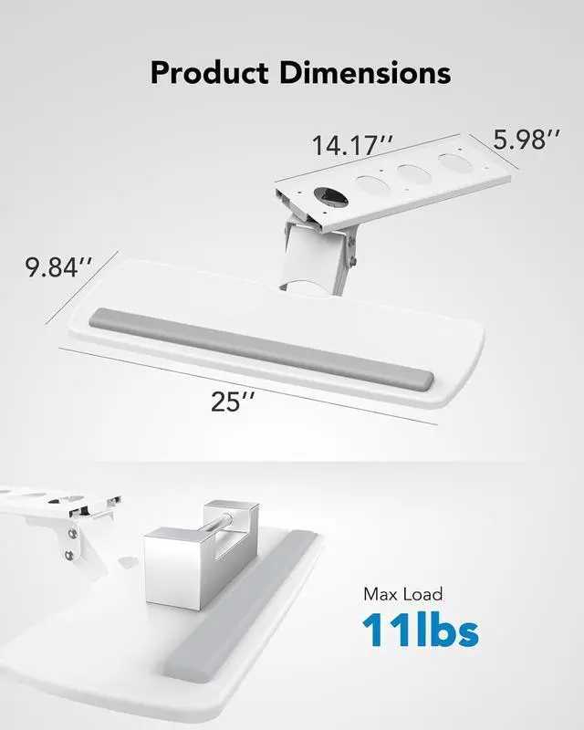 Alt view image 2 of 6 - Keyboard Tray Under Desk, 360 Adjustable Ergonomic Sliding Keyboard & Mouse Tray, Under Desk Keyboard Tray Slide Out, Keyboard Holder Under Desk for Typing in Home, Office Work, 25"W x 9.84"D