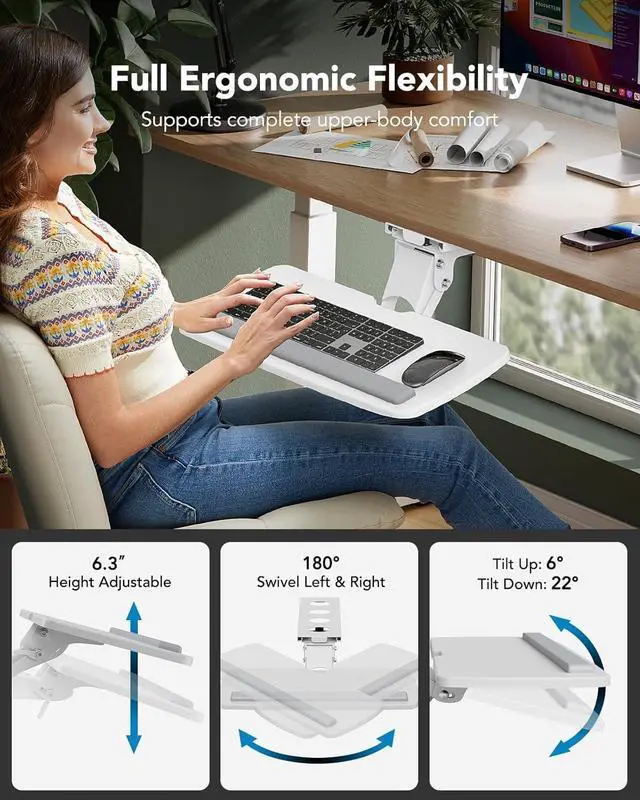 Alt view image 3 of 6 - Keyboard Tray Under Desk, 360 Adjustable Ergonomic Sliding Keyboard & Mouse Tray, Under Desk Keyboard Tray Slide Out, Keyboard Holder Under Desk for Typing in Home, Office Work, 25"W x 9.84"D