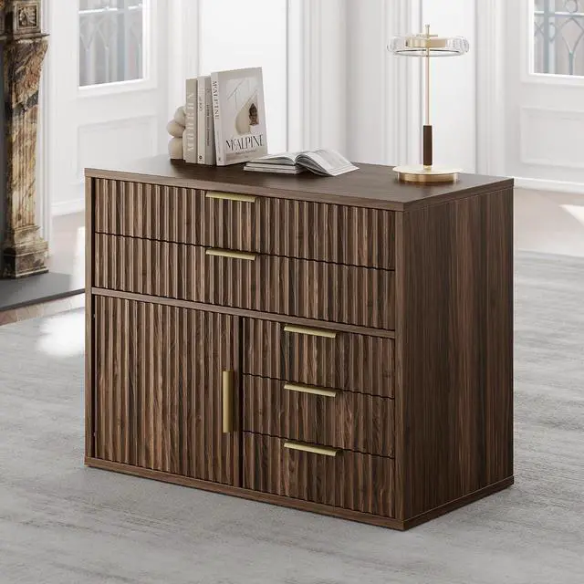 Main image of Fluted File Cabinet with 5 Drawers, Large Storage with Cabinet Door, Mobile Filing Cabinet with Locable Wheels for Home Office, Black Walnut