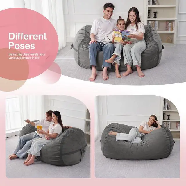 Alt view image 5 of 6 - 4ft Bean Bag Chair Giant Bean Bag Chairs for Adults with Memory Foam Filled, Large Beanbag Chair with Removable Dutch Velvet Cover for Living Room, Bedroom, Dorm, Dark Grey