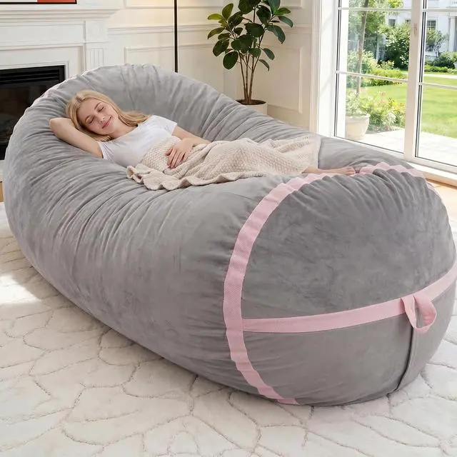 Main image of 6ft Bean Bag Chair Giant Bean Bag Chairs for Adults with Memory Foam Filled, Large Beanbag Chair with Removable Dutch Velvet Cover for Living Room, Bedroom, Dorm, Light Grey & Pink