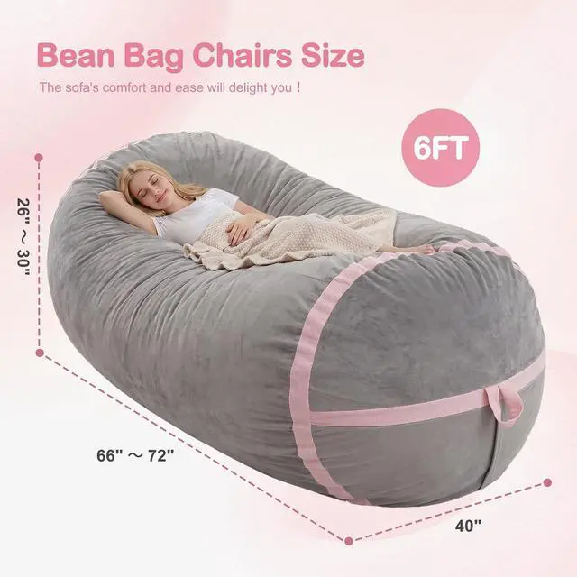Alt view image 2 of 6 - 6ft Bean Bag Chair Giant Bean Bag Chairs for Adults with Memory Foam Filled, Large Beanbag Chair with Removable Dutch Velvet Cover for Living Room, Bedroom, Dorm, Light Grey & Pink
