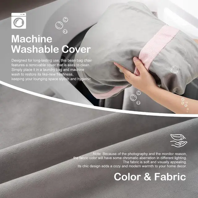 Alt view image 6 of 6 - 4ft Bean Bag Chair Giant Bean Bag Chairs for Adults with Memory Foam Filled, Large Beanbag Chair with Removable Dutch Velvet Cover for Living Room, Bedroom, Dorm, Light Grey & Pink