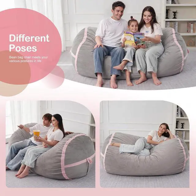 Alt view image 5 of 6 - 6ft Bean Bag Chair Giant Bean Bag Chairs for Adults with Memory Foam Filled, Large Beanbag Chair with Removable Dutch Velvet Cover for Living Room, Bedroom, Dorm, Light Grey & Pink