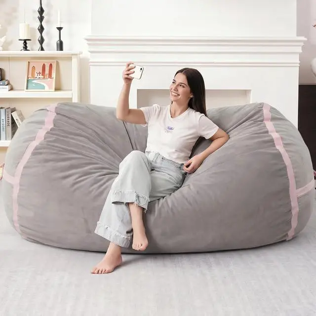 Alt view image 3 of 6 - 6ft Bean Bag Chair Giant Bean Bag Chairs for Adults with Memory Foam Filled, Large Beanbag Chair with Removable Dutch Velvet Cover for Living Room, Bedroom, Dorm, Light Grey & Pink