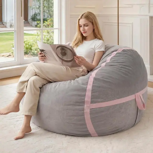 Main image of 3ft Bean Bag Chair Giant Bean Bag Chairs with Memory Foam Filled, Large Beanbag Chair with Removable Dutch Velvet Cover for Living Room, Bedroom, Dorm, Light Grey & Pink