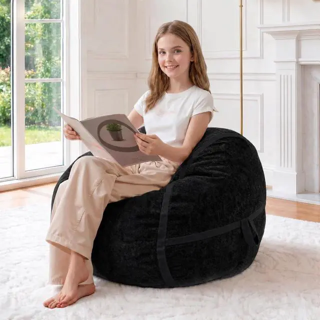 Main image of 2FT Bean Bag Chair, Small BeanBag Chairs with Memory Foam Filled, Ultra-Soft Velvet Bean Bag Chair with Portable Handle, Comfy Bean Bag Sofa for Living Room, No Assembly - Black