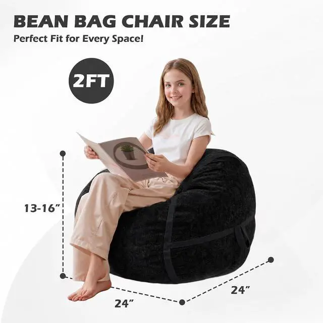 Alt view image 2 of 7 - 2FT Bean Bag Chair, Small BeanBag Chairs with Memory Foam Filled, Ultra-Soft Velvet Bean Bag Chair with Portable Handle, Comfy Bean Bag Sofa for Living Room, No Assembly - Black