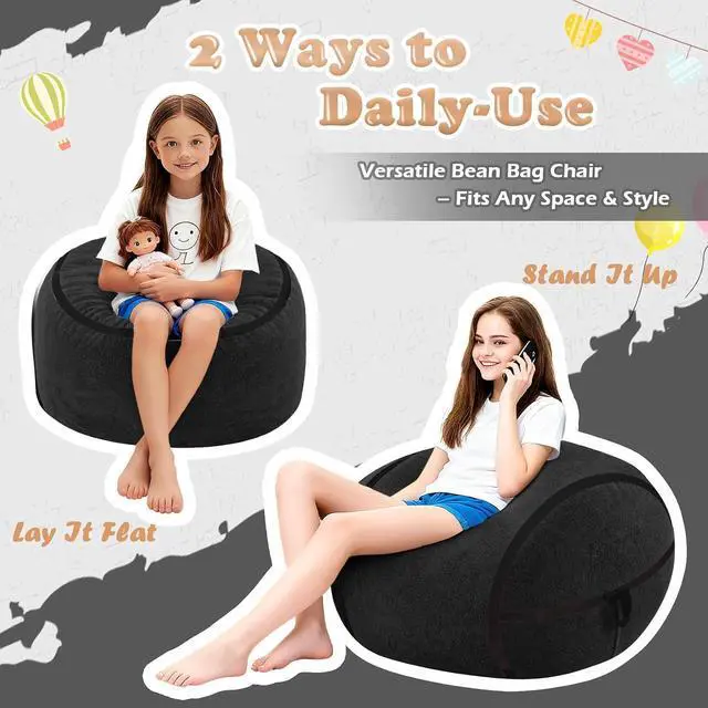 Alt view image 5 of 7 - 2FT Bean Bag Chair, Small BeanBag Chairs with Memory Foam Filled, Ultra-Soft Velvet Bean Bag Chair with Portable Handle, Comfy Bean Bag Sofa for Living Room, No Assembly - Black