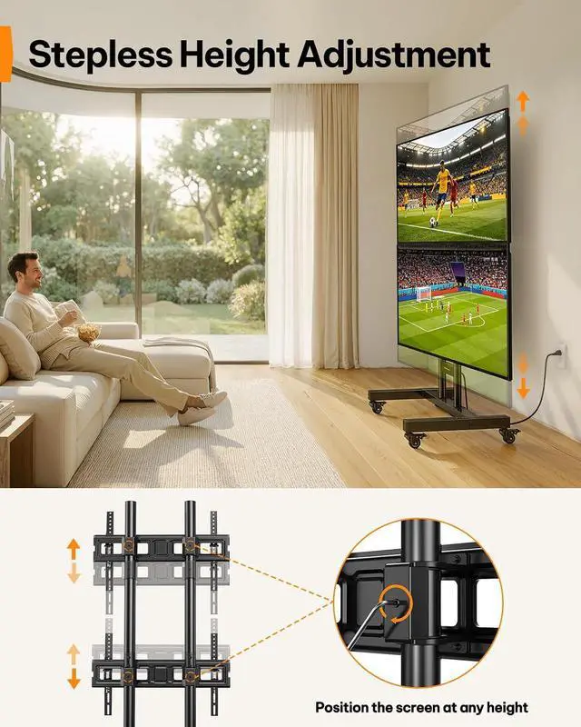 Alt view image 5 of 7 - Rolling TV Stand for 3270 Inch Dual Screens, Holds up to 99 lbs Each, Mobile TV Stand with Power Outlet and Lockable Wheels, Tilt & Height Adjustable TV Cart, Max VESA 600x400mm, PGTVC31B