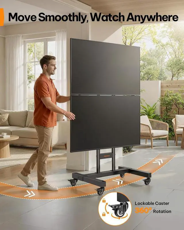 Alt view image 7 of 7 - Rolling TV Stand for 3270 Inch Dual Screens, Holds up to 99 lbs Each, Mobile TV Stand with Power Outlet and Lockable Wheels, Tilt & Height Adjustable TV Cart, Max VESA 600x400mm, PGTVC31B