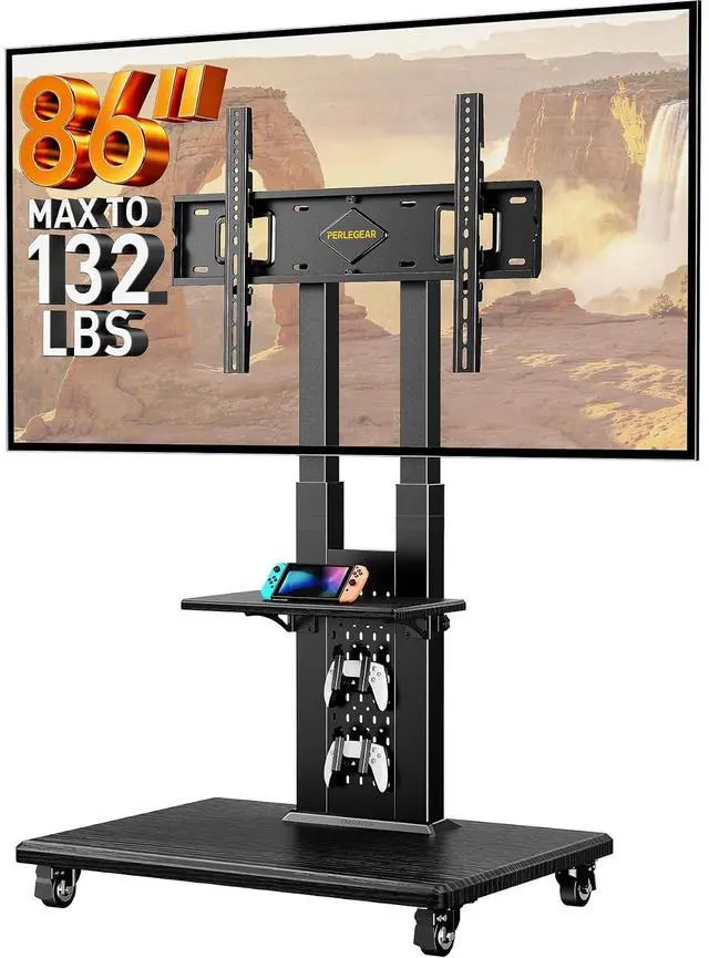 Main image of Rolling TV Stand for 3286 TVs up to 132 lbs, Outdoor TV Stand with Pegboard Storage & Quiet Wheels, Swivel & Height Adjustable Mobile TV Cart with Wood Shelf, Max VESA 600x400mm, PGTVC34B