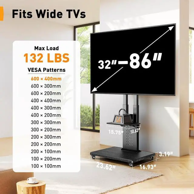 Alt view image 2 of 7 - Rolling TV Stand for 3286 TVs up to 132 lbs, Outdoor TV Stand with Pegboard Storage & Quiet Wheels, Swivel & Height Adjustable Mobile TV Cart with Wood Shelf, Max VESA 600x400mm, PGTVC34B