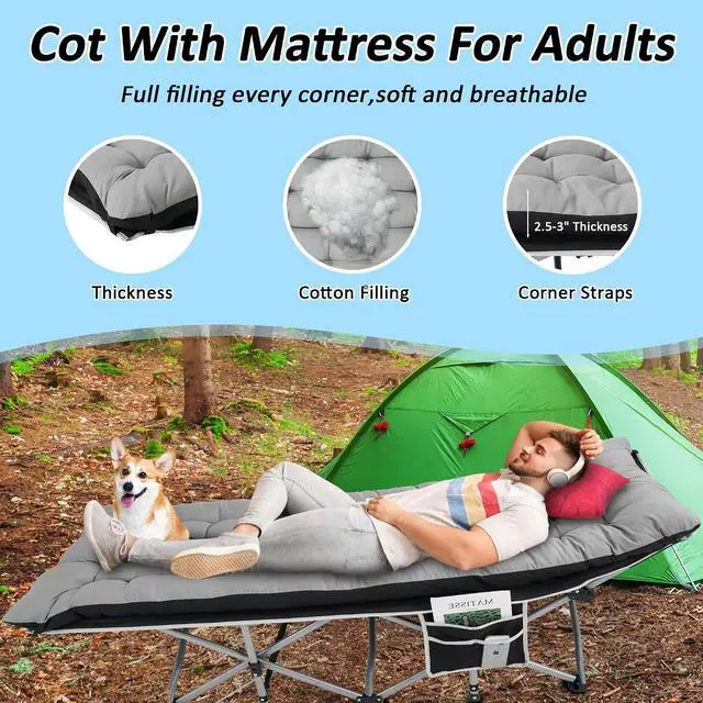 Alt view image 5 of 7 - Camping Cot, Portable Camping Cot for Adult, 28" Wide Sleeping Cot Max Load 600LBS with Thick Mattress and Carry Bag, Portable Camping Bed for Outdoor Camping/Office, Home Nap