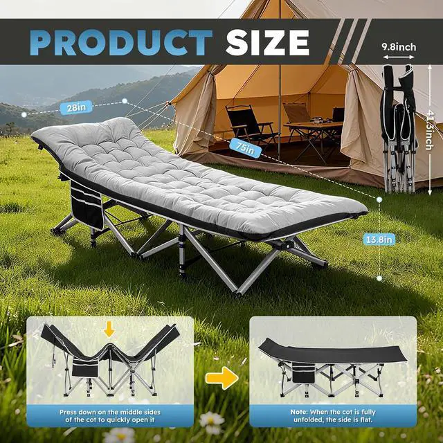 Alt view image 6 of 7 - Camping Cot, Portable Camping Cot for Adult, 28" Wide Sleeping Cot Max Load 600LBS with Thick Mattress and Carry Bag, Portable Camping Bed for Outdoor Camping/Office, Home Nap