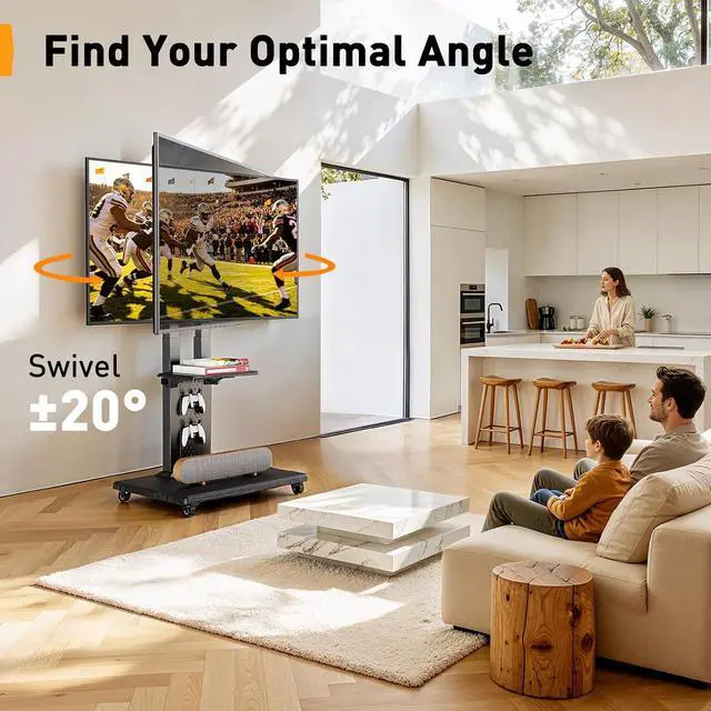 Alt view image 5 of 7 - Rolling TV Stand for 3286 TVs up to 132 lbs, Outdoor TV Stand with Pegboard Storage & Quiet Wheels, Swivel & Height Adjustable Mobile TV Cart with Wood Shelf, Max VESA 600x400mm, PGTVC34B