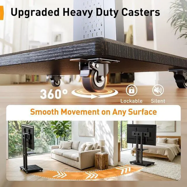 Alt view image 6 of 7 - Rolling TV Stand for 3286 TVs up to 132 lbs, Outdoor TV Stand with Pegboard Storage & Quiet Wheels, Swivel & Height Adjustable Mobile TV Cart with Wood Shelf, Max VESA 600x400mm, PGTVC34B