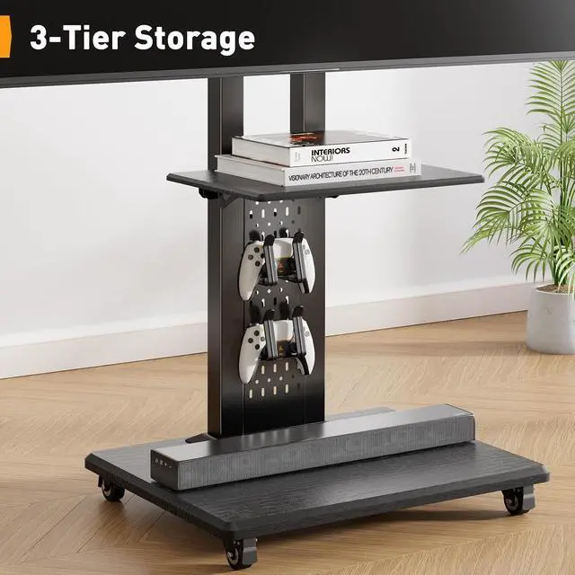 Alt view image 7 of 7 - Rolling TV Stand for 3286 TVs up to 132 lbs, Outdoor TV Stand with Pegboard Storage & Quiet Wheels, Swivel & Height Adjustable Mobile TV Cart with Wood Shelf, Max VESA 600x400mm, PGTVC34B