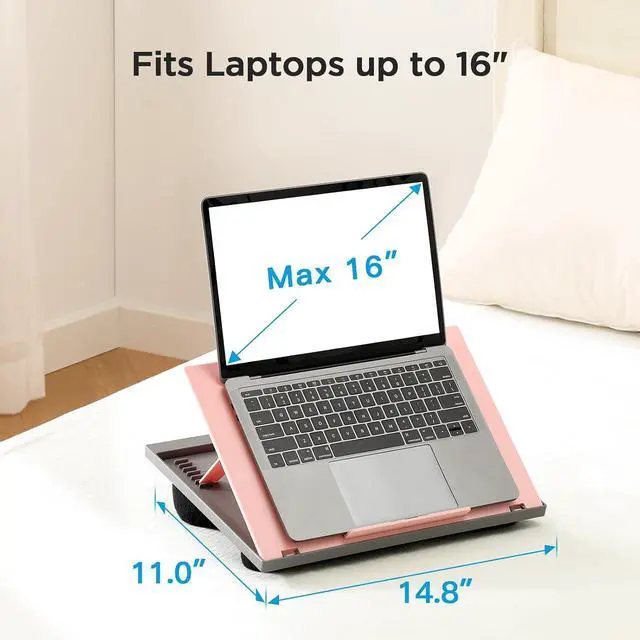 Alt view image 4 of 7 - Adjustable Lap Desk - with 8 Adjustable Angles & Dual Cushions Laptop Stand for Car Laptop Desk, Work Table, Lap Writing Board & Drawing Desk on Sofa or Bed, Pink