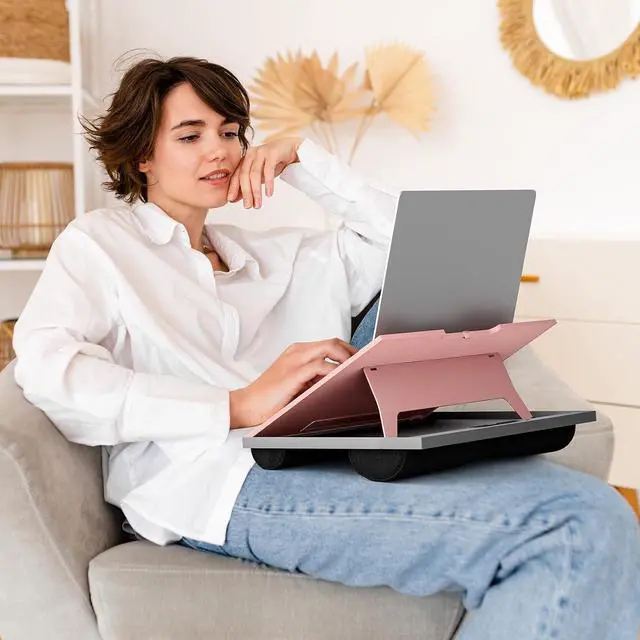 Alt view image 6 of 7 - Adjustable Lap Desk - with 8 Adjustable Angles & Dual Cushions Laptop Stand for Car Laptop Desk, Work Table, Lap Writing Board & Drawing Desk on Sofa or Bed, Pink