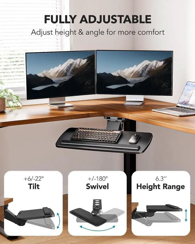 Alt view image 4 of 7 - Keyboard Tray Under Desk, 360 Adjustable Ergonomic Sliding Keyboard & Mouse Tray, Under Desk Keyboard Tray Slide Out, Keyboard Holder Under Desk for Typing in Home, Office Work, 25"W x 9.84"D