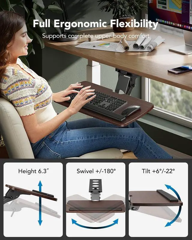 Alt view image 3 of 6 - Keyboard Tray Under Desk, 360 Adjustable Ergonomic Sliding Keyboard & Mouse Tray, Under Desk Keyboard Tray Slide Out, Keyboard Holder Under Desk for Typing in Home, Office Work, 25"W x 9.84"D