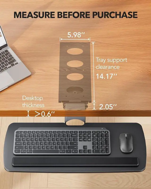 Alt view image 3 of 7 - Keyboard Tray Under Desk, 360 Adjustable Ergonomic Sliding Keyboard & Mouse Tray, Under Desk Keyboard Tray Slide Out, Keyboard Holder Under Desk for Typing in Home, Office Work, 25"W x 9.84"D