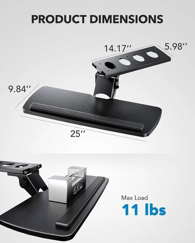 Alt view image 6 of 7 - Keyboard Tray Under Desk, 360 Adjustable Ergonomic Sliding Keyboard & Mouse Tray, Under Desk Keyboard Tray Slide Out, Keyboard Holder Under Desk for Typing in Home, Office Work, 25"W x 9.84"D