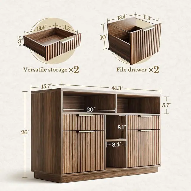 Alt view image 2 of 7 - 4 Drawer File Cabinet, Fluted Wood Lateral Filing Cabinet with Lock and Charging Station for Home Office, Printer Stand with Open Storage Shelves, Fits A4, Letter Size, Black Waulnut