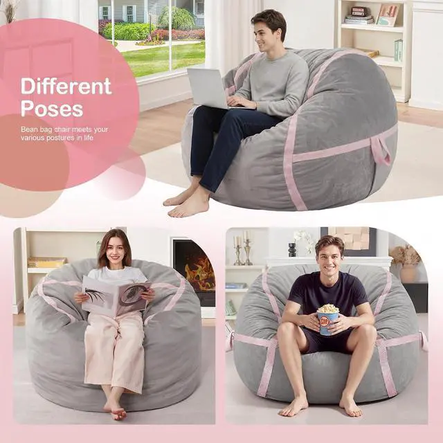 Alt view image 6 of 7 - 3ft Bean Bag Chair Giant Bean Bag Chairs with Memory Foam Filled, Large Beanbag Chair with Removable Dutch Velvet Cover for Living Room, Bedroom, Dorm, Light Grey & Pink