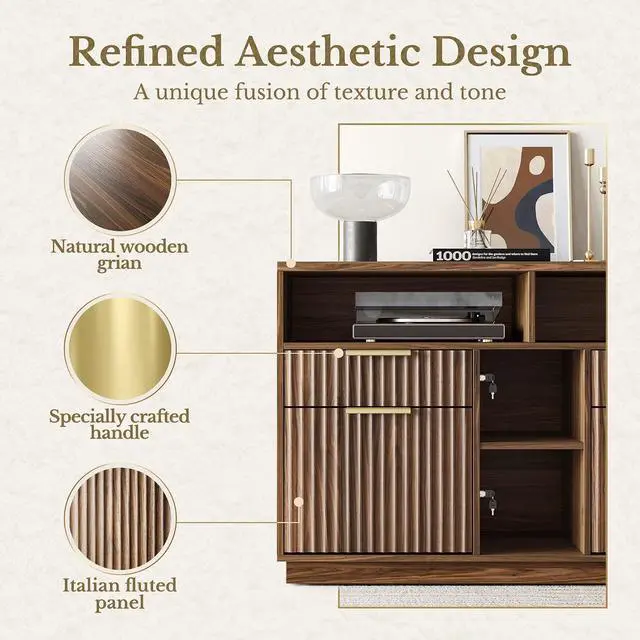 Alt view image 3 of 7 - 4 Drawer File Cabinet, Fluted Wood Lateral Filing Cabinet with Lock and Charging Station for Home Office, Printer Stand with Open Storage Shelves, Fits A4, Letter Size, Black Waulnut