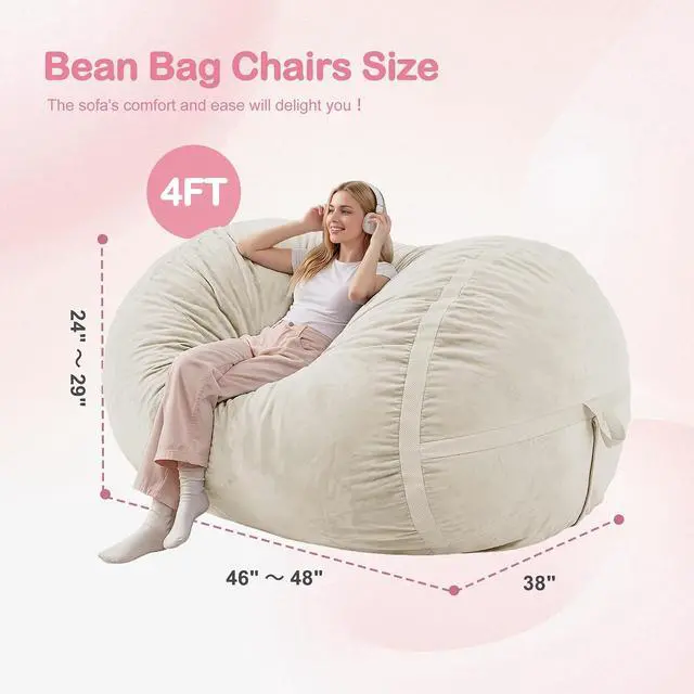 Alt view image 2 of 6 - 4ft Bean Bag Chair Giant Bean Bag Chairs for Adults with Memory Foam Filled, Large Beanbag Chair with Removable Dutch Velvet Cover for Living Room, Bedroom, Dorm, White