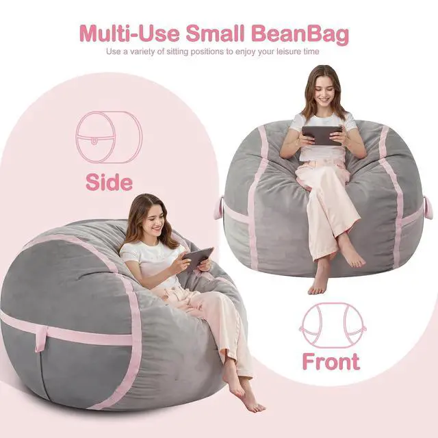 Alt view image 5 of 7 - 3ft Bean Bag Chair Giant Bean Bag Chairs with Memory Foam Filled, Large Beanbag Chair with Removable Dutch Velvet Cover for Living Room, Bedroom, Dorm, Light Grey & Pink