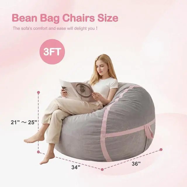 Alt view image 2 of 7 - 3ft Bean Bag Chair Giant Bean Bag Chairs with Memory Foam Filled, Large Beanbag Chair with Removable Dutch Velvet Cover for Living Room, Bedroom, Dorm, Light Grey & Pink
