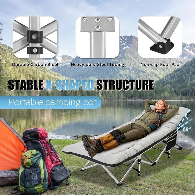 Alt view image 4 of 7 - Camping Cot, Portable Camping Cot for Adult, 28" Wide Sleeping Cot Max Load 600LBS with Thick Mattress and Carry Bag, Portable Camping Bed for Outdoor Camping/Office, Home Nap